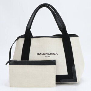 Balenciaga Navy Blue Cabas Leather Canvas Tote Bag Handbag Beige M